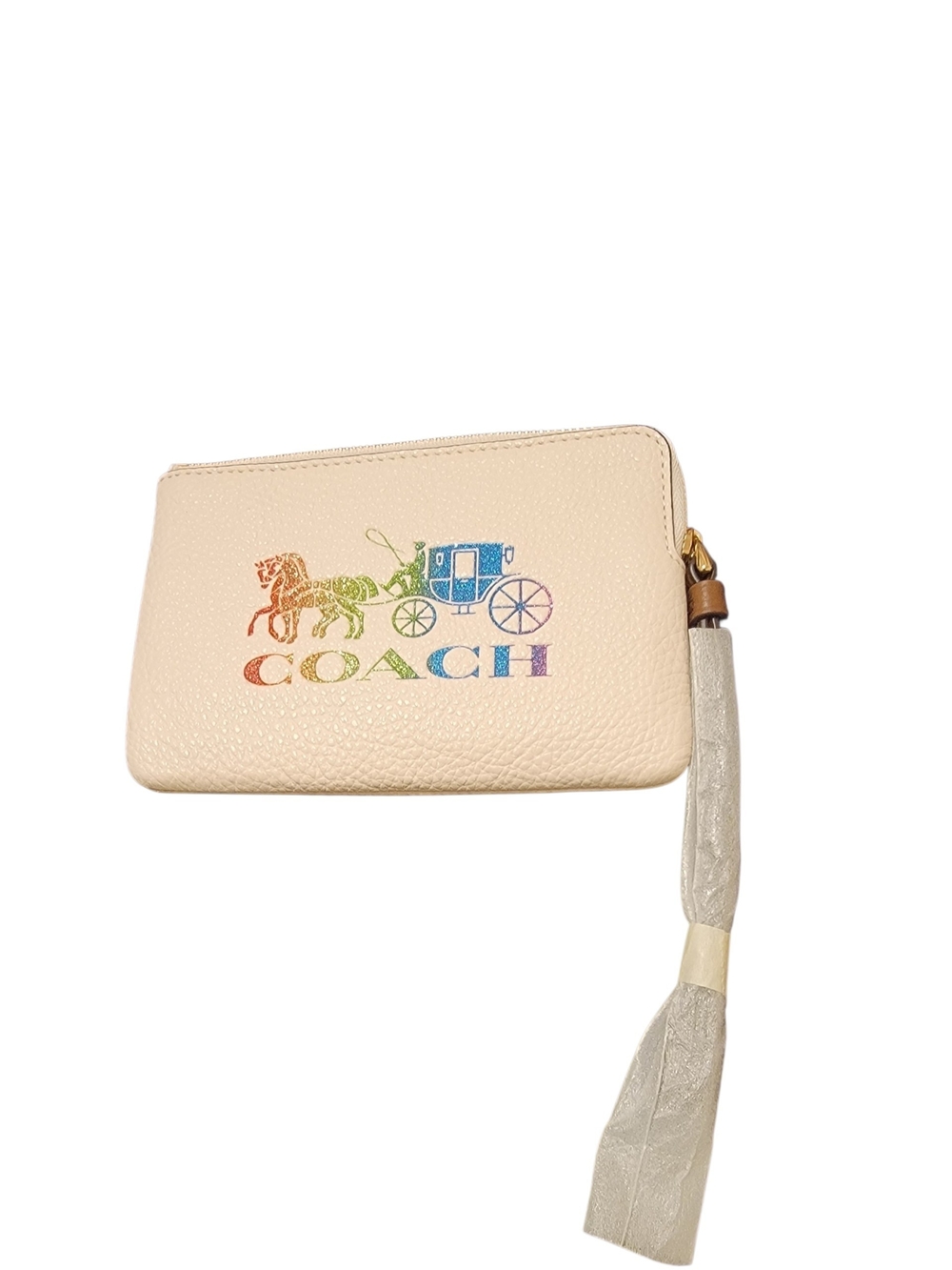 COACH Cream Leather Wristlet with Rainbow Coach Logo